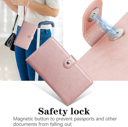 Passport Holder for Travel Essentials, RFID Blocking PU Leather Wallet Cover with Wristlet Strap Magnetic Closure Passport Book Holders Case for Women and Men, Rose Gold
