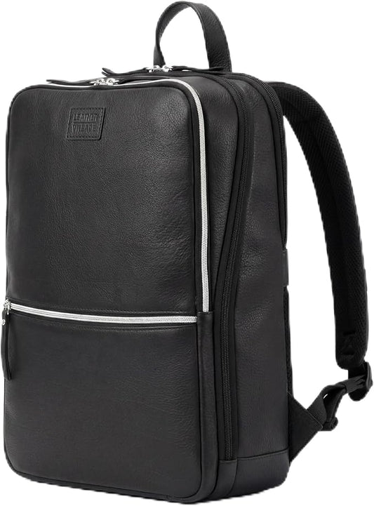 LEATHER VILLAGE Leather Laptop Backpack for Men | Black | Slim Professional Business Bag Fits 15.6”-Laptop | Water-Repellent Work & Travel Daypack with Trolley Strap