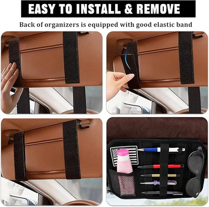 Car Visor Organizer with 3pcs Velcro Patches, Multi-Pocket Sun Visor Organizer with Zipper Storage Pouch & Adjustable Straps, Semi-Rigid Panel Storage Accessories for Truck, SUV, Most Cars (Black)