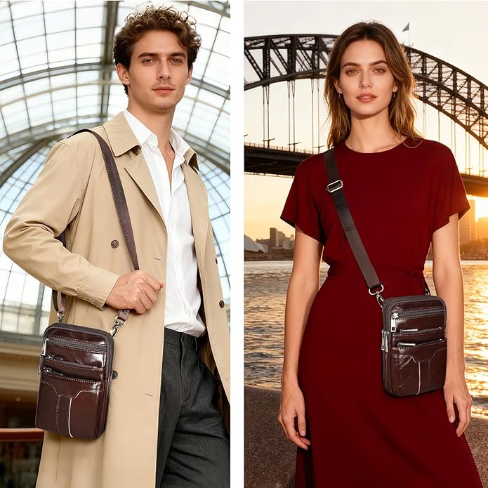 MASIWEI Real Leather Crossbody Bag for Men Women Hiking Small Purse Convertible Belt Loop Shoulder Bag for Phone Passport