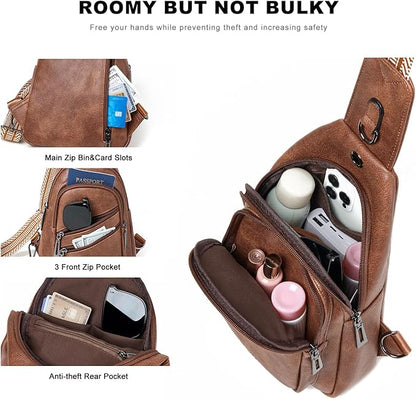 Leresas 7L Crossboydy Sling Bag for Women Vegan Leather Crossbody Purse Fanny Pack Chest Bag for Travel, Brown