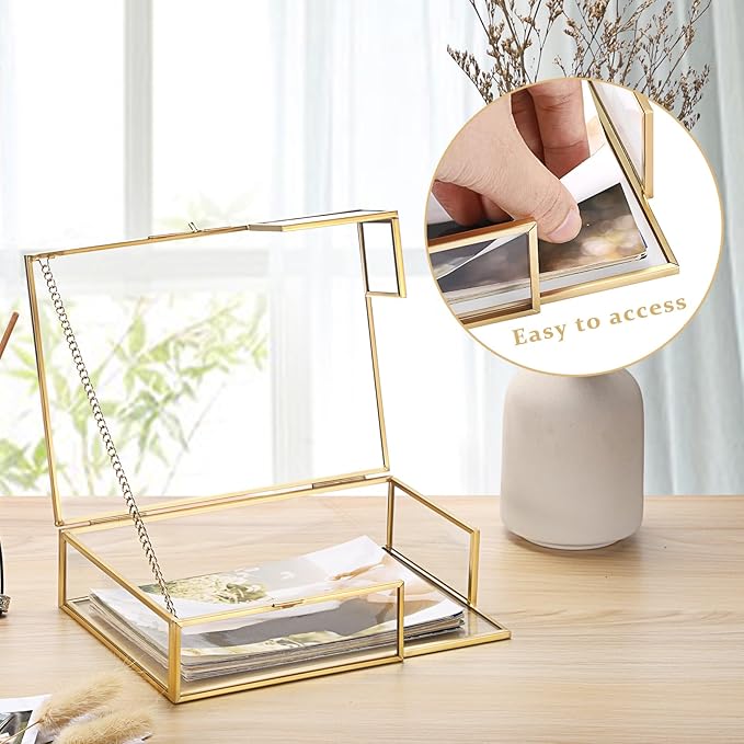 Hipiwe Gold Glass Photo Box,Vintage Photo Storage Organizer, Trinket Box Jewelry Display Organizer Keepsake Box Case Home Decor (Small)