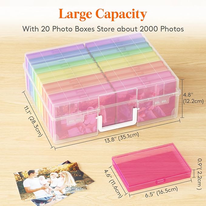 Lifewit 4x6 Photo Storage Box, 20 pcs Inner Photo Case with Lids, Multicolor Photo Organizers with 1 Sheet Label Sticker, Plastic Craft Storage Box for Seeds Sticker Cards Pictures Office Supplies