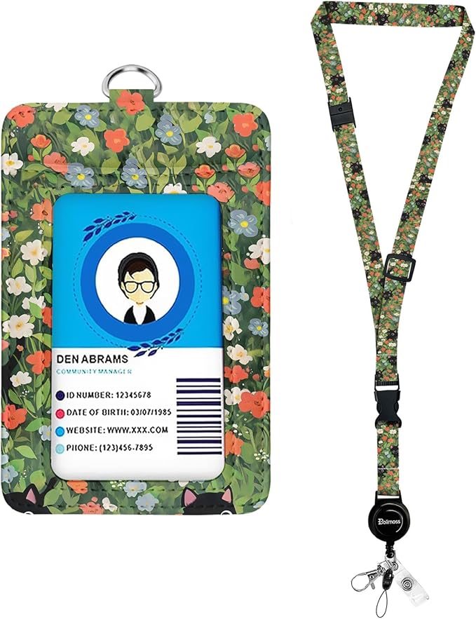 bolimoss Black Cat Lanyard with ID Holder, Cute Flower Leather ID Name Badge Card Holder with Adjustable Retractable Lanyards, Breakaway Lanyards with Swivel Metal Clasp for Women Nurse Teacher