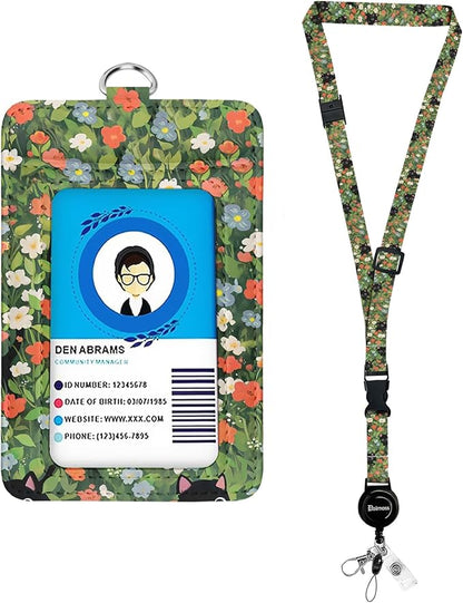 bolimoss Black Cat Lanyard with ID Holder, Cute Flower Leather ID Name Badge Card Holder with Adjustable Retractable Lanyards, Breakaway Lanyards with Swivel Metal Clasp for Women Nurse Teacher