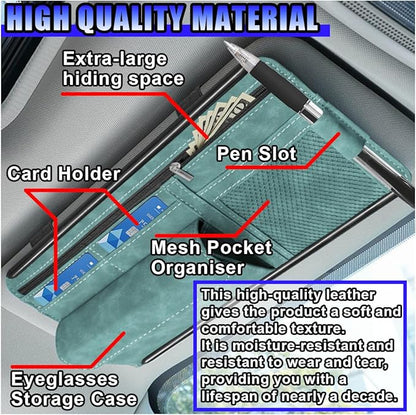 Car Sun Visor Organizer, Leather Multi-Pocket Glasses Card Holder with Zipper, Waterproof Scratch-Resistant Sunshade Storage Bag, Universal Auto Interior Accessory for Car/Truck/SUV (Blue)