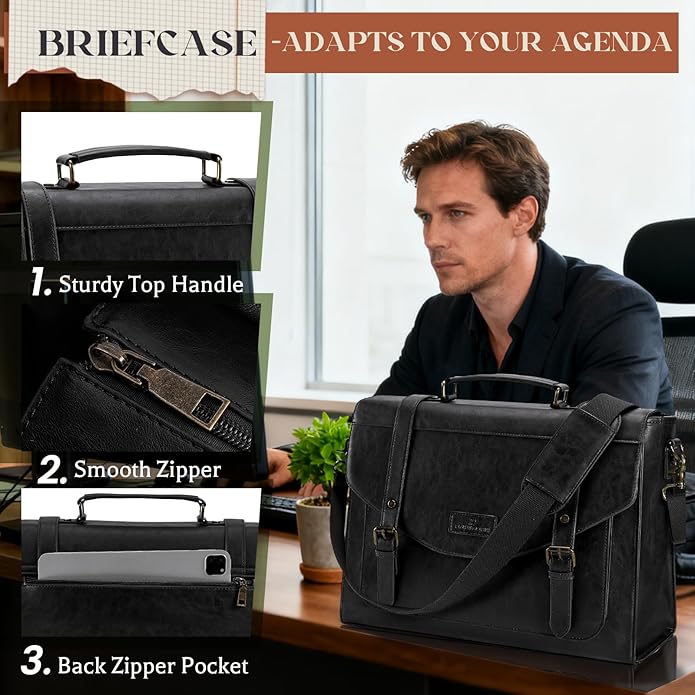 RAINSMORE Flap Messenger Bag for Men Vintage PU Leather Laptop Bag 15.6 Inch Retro Briefcase with Wallet Satchel Computer Bag