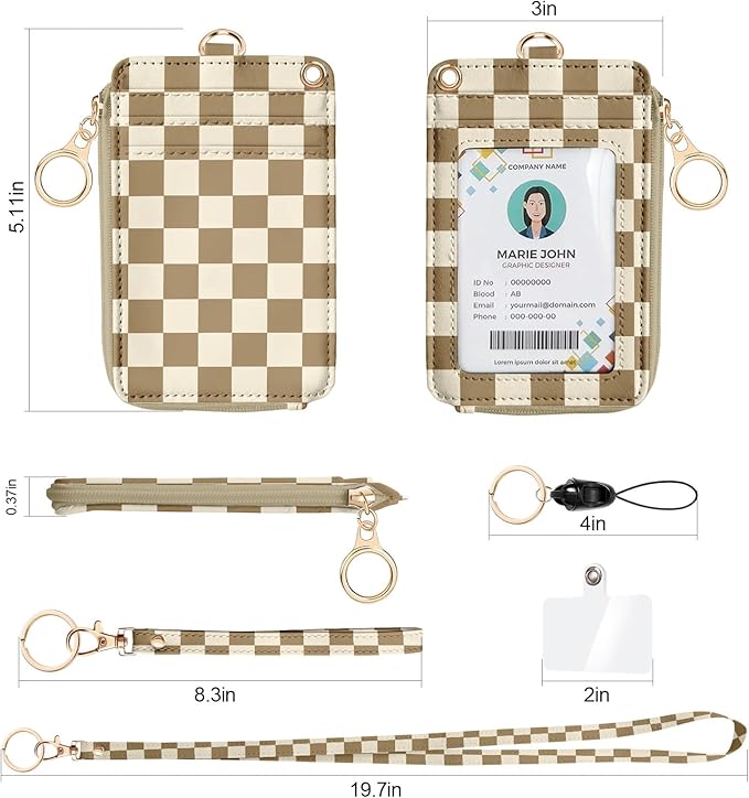 bolimoss Checkered ID Badge Holder & Lanyard Wallet for Teachers Nurse Women, Cute RFID Zippered Coin Pouch,Removable Wristlet & Neck Lanyard, 5 Card Slots, Phone Holder, Keyring