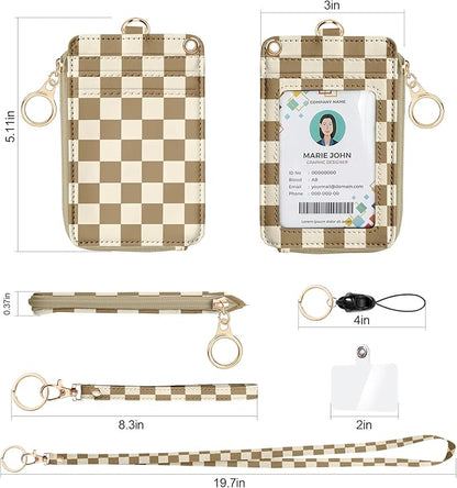 bolimoss Checkered ID Badge Holder & Lanyard Wallet for Teachers Nurse Women, Cute RFID Zippered Coin Pouch,Removable Wristlet & Neck Lanyard, 5 Card Slots, Phone Holder, Keyring