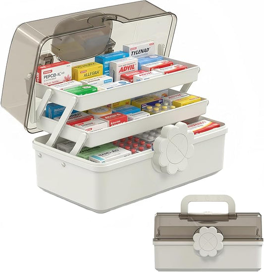 Pulseplay 3-Layer Large Capacity Medicine Storage Box - Portable Plastic Storage Box for Sewing Art Supply, Hair Accessories Organizer with Handle for Home Office and Travel