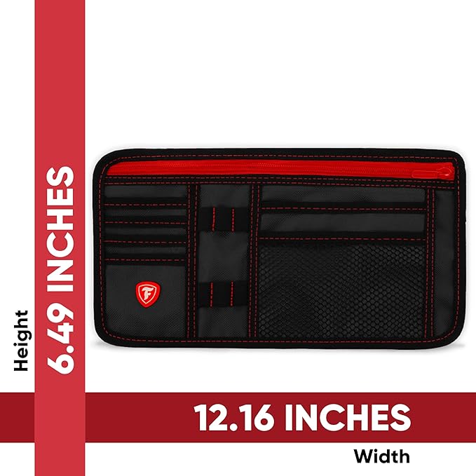 Firestone 1-Pack Car Sun Visor Organizer | 8 Compartment Car & Truck Visor Organizer with Holder & Slots for Sunglasses, License, Registration & More, Black Red