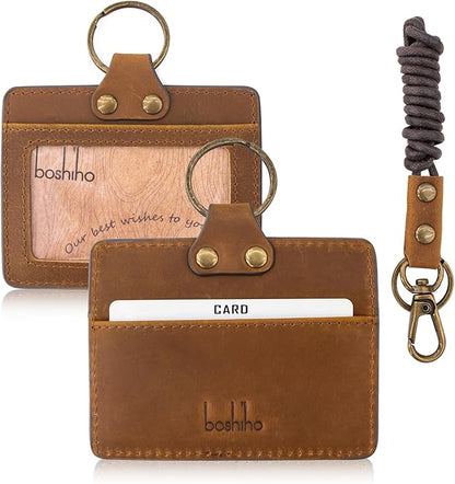 Badge Holder: Boshiho Cowhide Leather ID Badge Card Holder with 19" Neck Lanyard, Horizontal Style (Light Brown)