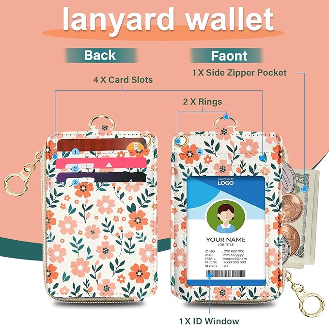Floral ID Badge Holder with Lanyard,Slots Keychain Phone Lanyard Wrist Strap,RFID ID Badge Holder with Pu Multiple Zip Id Case Wallet for Office School Business Security Staff Women-Flower Pink