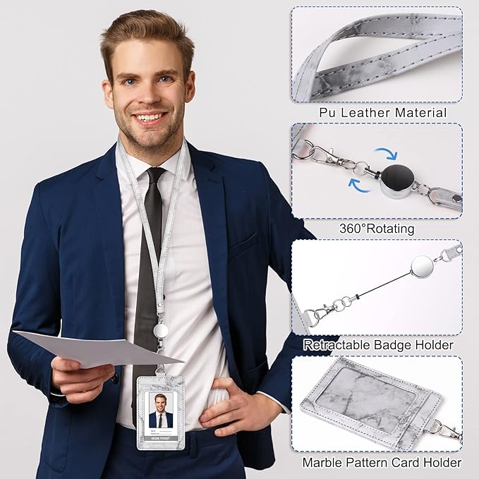 ID Badge Holder with Lanyard Marble Pattern Retractable Badge Holder PU Leather with Clear ID Window 1 Credit Card Case Name Badge Keychain Tags Protector for Women Nurse Teacher Office (Grey)