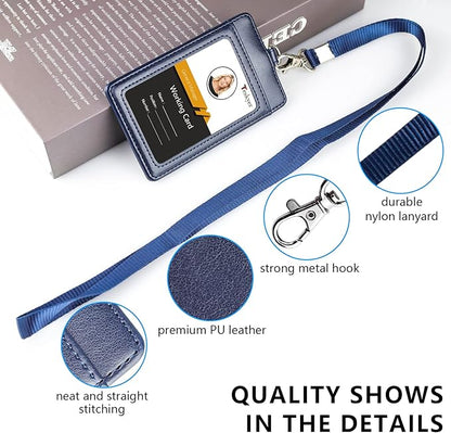 Teskyer Badge Holder with Lanyard, Leather ID Name Badge Card Holder with Lanyard for ID Badges, Vertical Blue