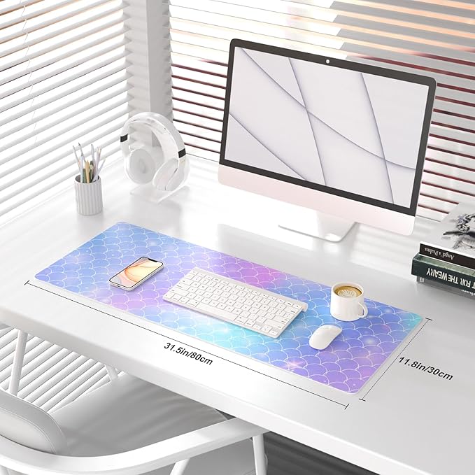 QiyI Large Desk Pad, Colorful Mouse Pad Desktop Decor, Waterproof PU Leather Desk Cover Protector, Desk Accessories for Office Home Work Writing Gaming 31.5" x 11.8" - Gradient Fish Scales