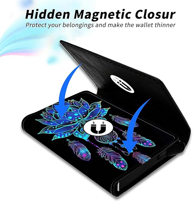 Blue Lotus Minimalist Wallet for Men, Pop Up Card Case Wallet for Women, PU Leather Automatic Credit Card Holder Metal Money Clip Wallet RFID Blocking Bifold Pocket Wallet