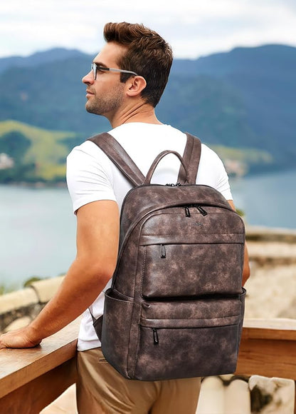 Vegan Leather Backpack for Women and Men, Fits 16.0 Inch Laptop, Multi-Pocket Design with Water Bottle and Luggage Strap, Ideal for Work, Travel, and Daily Use, Coffee