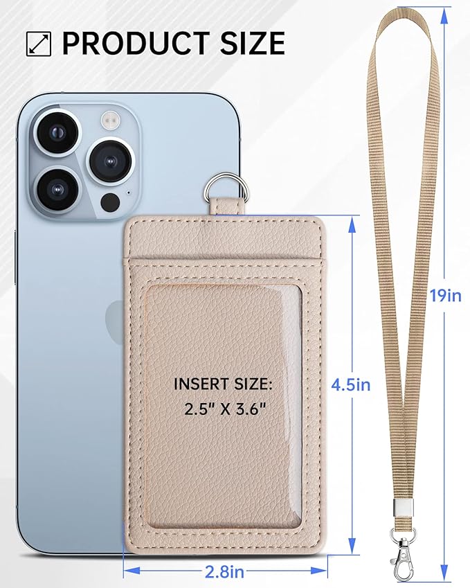 Teskyer Badge Holder with Lanyard, Leather ID Name Badge Card Holder with Lanyard for ID Badges, Vertical, Lychee Pattern Beige