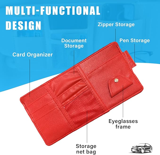 Augeny Car Sun Visor Organizer, Leather Personal Belonging Storage Pouch with Zipper, Car Visor Storage Pouch Sunglasses Holder, Auto Interior Accessories Pocket Organizers (Red)