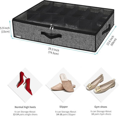 Onlyeasy Under Bed Shoe Storage Organizer with Sturdy Handles and Clear Window 1 Pack Fits 12 Pairs, Premium Foldable Underbed Shoes Container Box for Closet, Linen-like Black, MXAUBSB1P