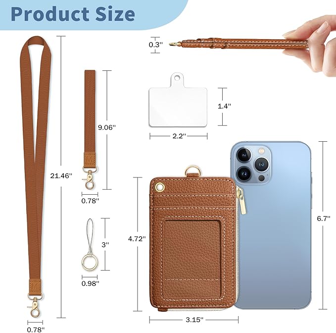 Lanyard Wallet with Id Badge Holder, Brown RFID Small Keychain Wallet Women Wristlet, Minimalist Zipper Credit Card Holder Phone Wrist Neck Strap for Key Name Tag, Teacher Student Office Gift
