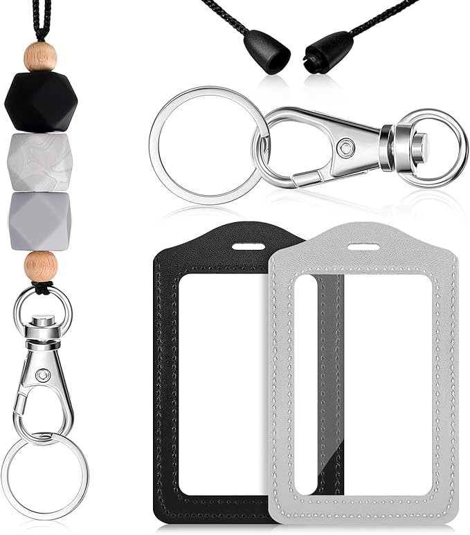 Lanyards with 2 ID Badge Holders Silicone Beaded Lanyard Breakaway Leather ID Holder for Teacher Women Employee(Classic Style)