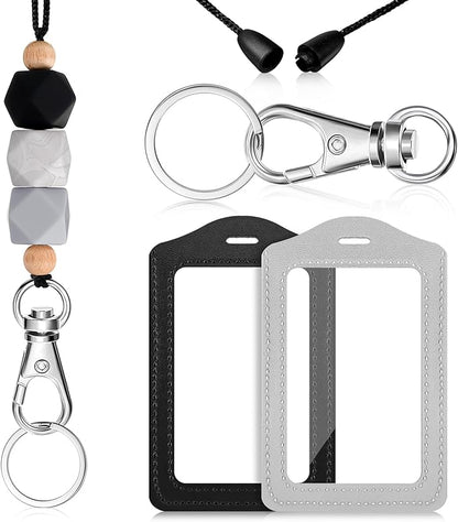Lanyards with 2 ID Badge Holders Silicone Beaded Lanyard Breakaway Leather ID Holder for Teacher Women Employee(Classic Style)