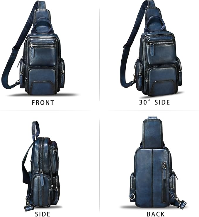 IVTG Genuine Leather Sling Bag Crossbody Casual Hiking Daypack Vintage Handmade Chest Bag Shoulder Backpack Motorcycle Pack (Blue)