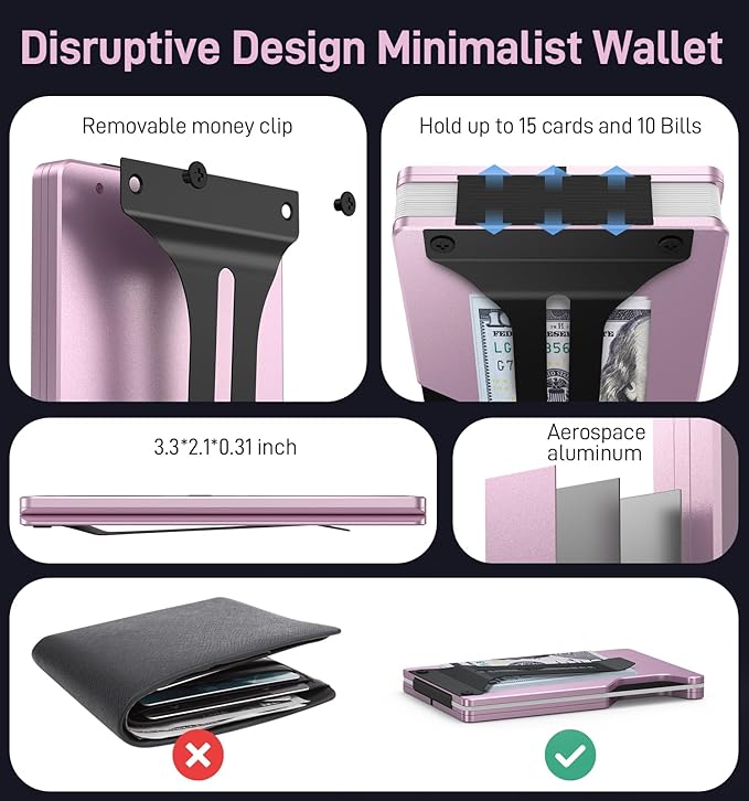 Slim Wallet for Men, Air Wallet Build in Airtag Chip, Smart Wallet Compatible with Apple Find My iOS Only, Minimalist Front Pocket Wallet RFID-Blocking Card Holder with Money Clip (Pink)