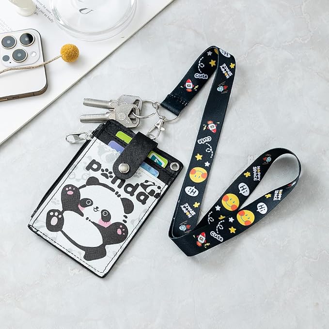 HASFINE ID Badge Holder with Lanyard,Cute Panda Work Badge with Zipper Pocket, 2-Sided Functional Card Wallet with 3 Card Slots and Detachable Keychain for Teacher Student Nurse Worker (Black)