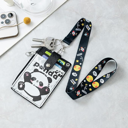 HASFINE ID Badge Holder with Lanyard,Cute Panda Work Badge with Zipper Pocket, 2-Sided Functional Card Wallet with 3 Card Slots and Detachable Keychain for Teacher Student Nurse Worker (Black)