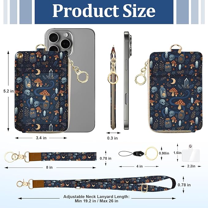 ID Badge Holder with Lanyards Wallet, Skull Mushroom Snake ID Badges with Zipper, RFID Card Holder for Women, Detachable Neck Lanyard Wrist Strap with Keychain for Teacher Student Gifts