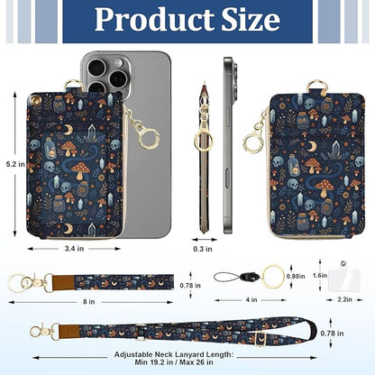 ID Badge Holder with Lanyards Wallet, Skull Mushroom Snake ID Badges with Zipper, RFID Card Holder for Women, Detachable Neck Lanyard Wrist Strap with Keychain for Teacher Student Gifts