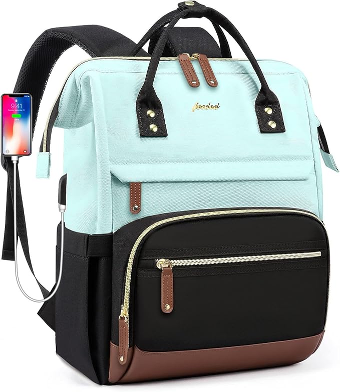Laptop Backpack for Womem Work Bags: 15.6 Inch Travel BackPacks With USB Charging Port Durable Back Pack Anti Theft Fashion College BookBag Purse Bussiness Daypack for Nurse Teacher Light Blue Black