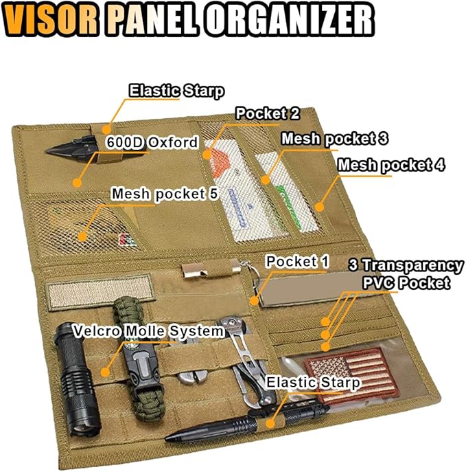 Tactical Molle Car Sun Visor Organizer, Large Molle Visor Panel Storage Pouch Holder, Tactical Gear Truck Storage Shelf, 600D Car Sunshade Storage Bag for Large Vehicle (Khaki)