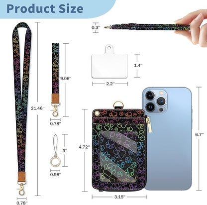 Lanyard Wallet with Id Badge Holder, Dog Paw RFID Small Keychain Wallet Women Wristlet, Cute Zipper Credit Card Holder Phone Wrist Neck Strap for Key Name Tag, Teacher Student Office Gifts