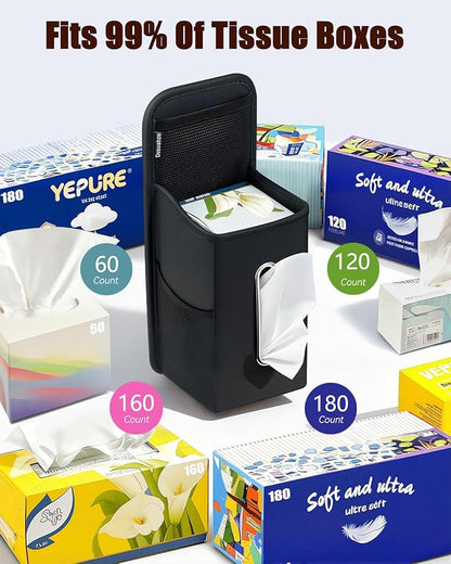 Car Tissue Holder for Kleenex 60/120/160/180 Count,Rectangular Car Storage Box, Side Mount Organizer with 3 Mesh Pockets, Hanging Bag, Waterproof PU Leather, for Front and Back Seat