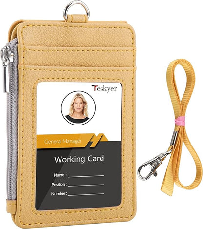 Teskyer Badge Holder with Side Zip Pocket, Multiple Card Slots Leather ID Holder Wallet with Neck Lanyard for Office Staffs, Teachers/Students, Workers, Cruise Cards, Bus/Metro Cards, Lichee Yellow