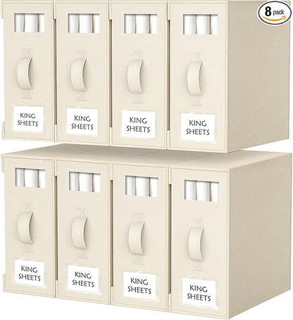 Criusia Bed Sheet Organizers and Storage, 8 Pack Foldable Linen Closet Organizer Box – Bedding Holder for Sheet Set (King/Queen Sizes), Duvet Covers, Blankets (Beige)