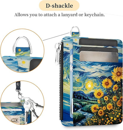 Hancynir Slim Wallet Women Credit Card Holder Sunflowers RFID Small Mini Card Case Front Pocket PU Leather Thin Travel Zipper Coin Cash ID Window Ladies Female Wallet Gifts