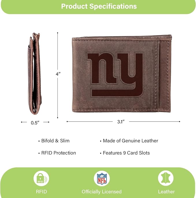 Team Sports America NFL New York Giants Front Pocket Slim Wallet for Men | Minimalist Leather RFID Blocking Bifold Card Holder with Money Clip | Officially Licensed Stamped Logo