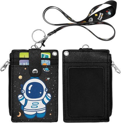 HASFINE ID Badge Holder with Lanyard,Cute Astronaut Work Badge with Zippered Pocket,Functional 2-Sided ID Card Wallet with 3 Slots and Detachable Keychain for Teacher Student Nurse and Office Staff