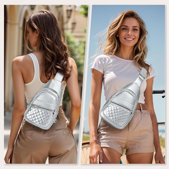 Crossbody Bags for Women Men,Leather Sling Bag Cross Body Backpack for Women, Casual Chest Bag Daypack for Travel Hiking, Silver