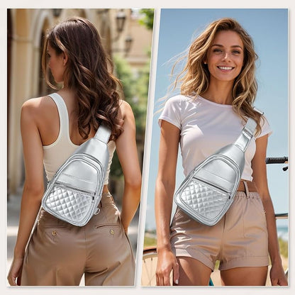 Crossbody Bags for Women Men,Leather Sling Bag Cross Body Backpack for Women, Casual Chest Bag Daypack for Travel Hiking, Silver
