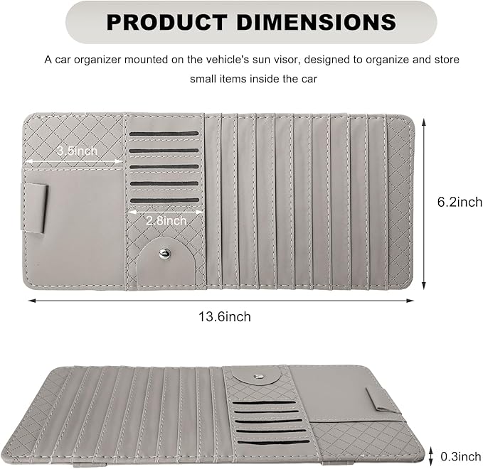 Sun Visor CD Case Holder for Car, Leather Auto Visor DVD Storage Case with Card Slots & Pen Holder, Multi-Pocket Large Capacity CD Layered Organizer for Most Vehicles (Gray)