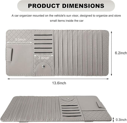 Sun Visor CD Case Holder for Car, Leather Auto Visor DVD Storage Case with Card Slots & Pen Holder, Multi-Pocket Large Capacity CD Layered Organizer for Most Vehicles (Gray)