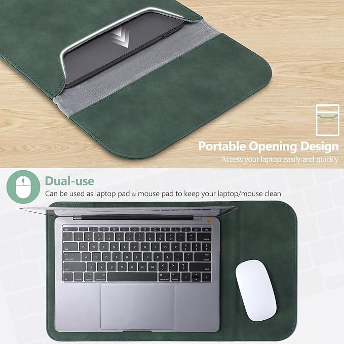 HYZUO 15-16 Inch Laptop Sleeve for MacBook Pro 16 M5/M4/M3/M2/M1 Pro/Max A3428 A3429 A3403 A3186 2026-2019, MacBook Pro 15 2015-2012, XPS 15, Faux Suede Leather Case with Accessory Bag, Midnight Green
