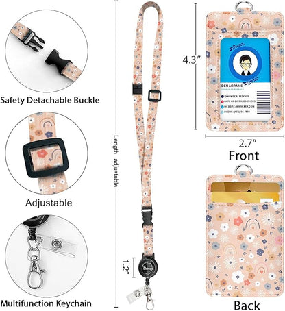 bolimoss Flowers Rainbows Lanyards for ID Badges, Cute ID Card Holders with Teacher Lanyards, Breakaway Neck Lanyards with Retractable Badge Reels Quick-Release Buckles and Adjustable Straps
