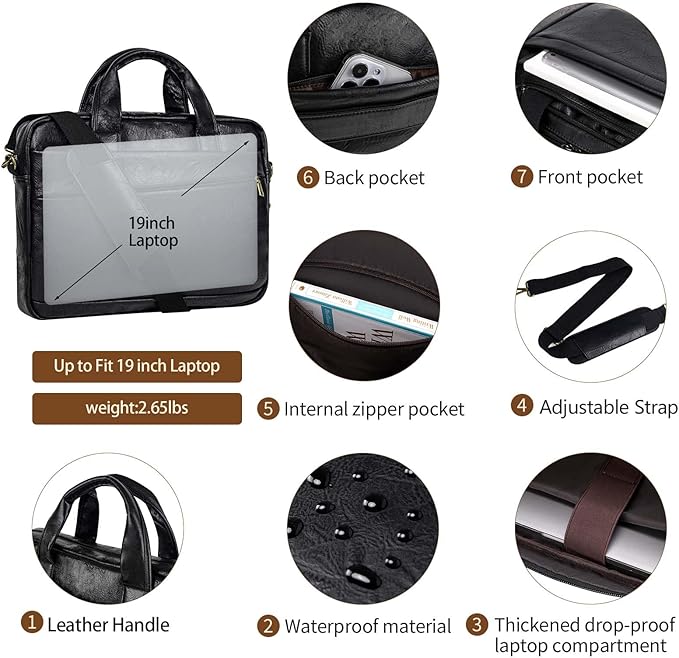 Faux Leather Messenger Bag for Men 17-17.3 Inch: Laptop Bag Briefcase Computer Handbags Shoulder Crossbody Bag with Padded Laptop Sleeve for Work College Travel, PU Black